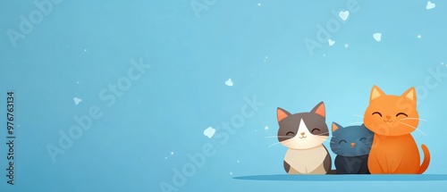 Three adorable cartoon cats sit together on a blue background, perfect for animal lovers and pet-themed designs. photo