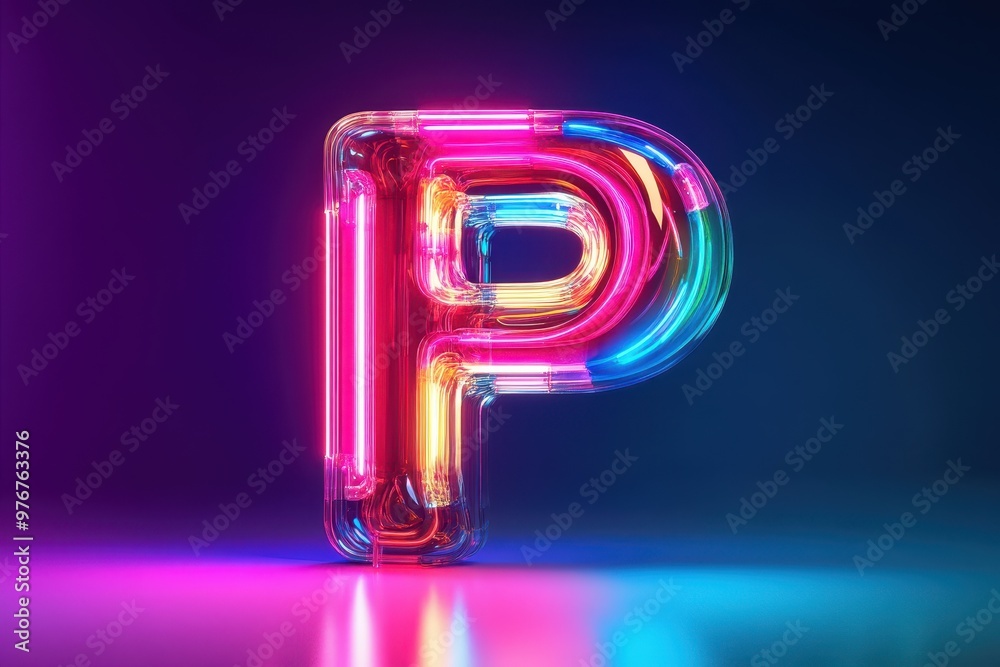 A neon letter P is lit up in a dark room A neon letter P is lit up in a dark room