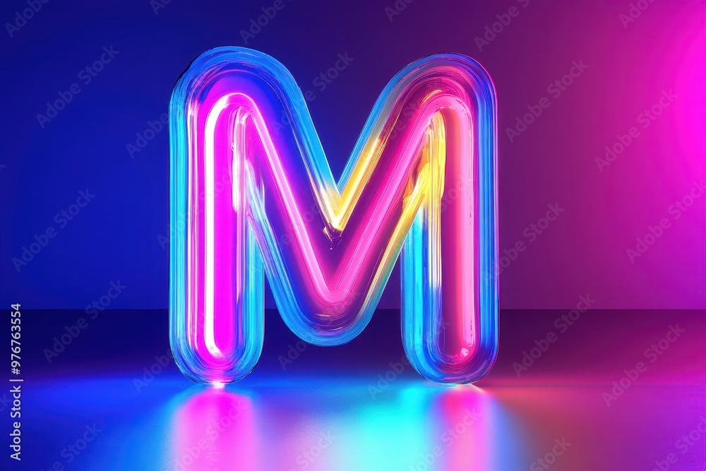 The letter M is glowing in neon colors and is floating in the air The letter M is glowing in neon colors and is floating in the air