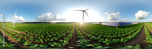 360 degree Sustainable Farm with Solar Panels, with rows of crops, solar panels powering the farm, wind turbines, and eco-conscious farming.