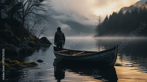 A solitary person stands on a wooden boat on a misty lake at dawn, surrounded by fog and serene nature. photo