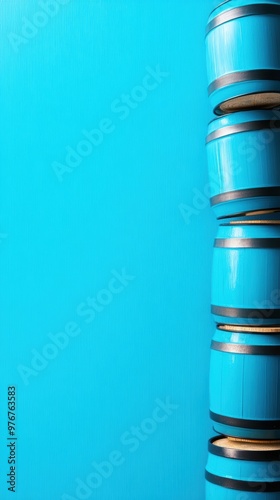 Vibrant blue barrels stacked against a clean blue background, offering a modern and colorful touch to any design project. photo