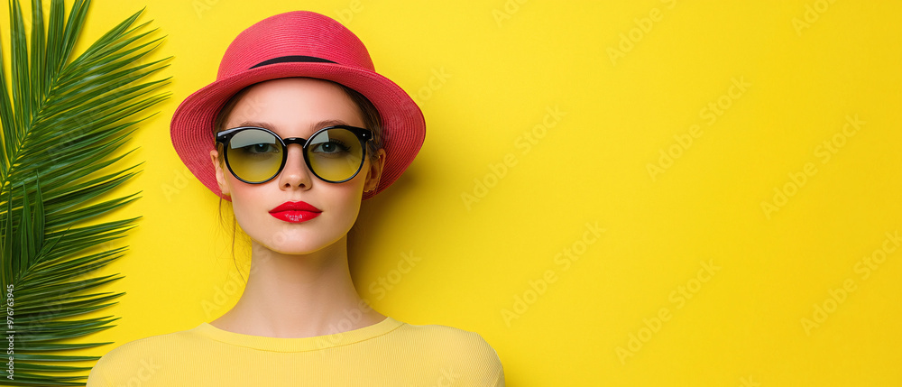 Stylish woman in a pink hat and sunglasses exudes confidence against a bright yellow background Stylish woman in a pink hat and sunglasses exudes confidence against a bright yellow background