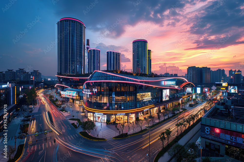 Obraz premium At night, high-rise buildings in modern cities