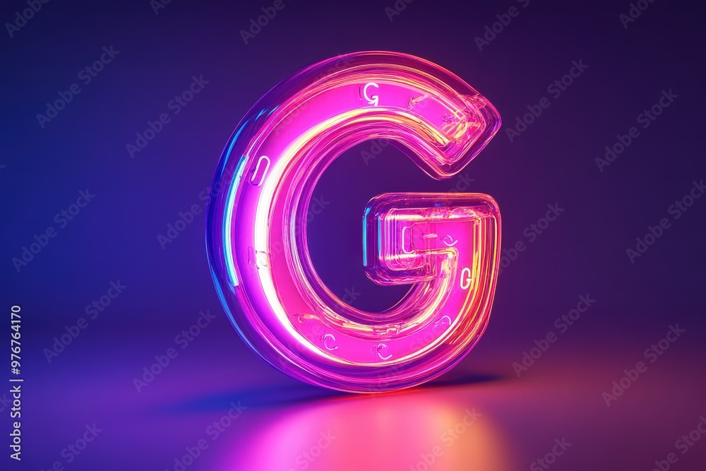 The letter G is glowing in neon colors and is surrounded by a reflective surface The letter G is glowing in neon colors and is surrounded by a reflective surface
