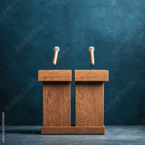 Wooden podiums with microphones set against a blue backdrop, ideal for debates, conferences, and public speaking events.