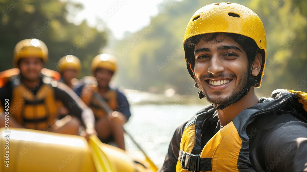a tourist men sitting in the rubber rafting along the river through rainforest. wearing helmet a tourist men sitting in the rubber rafting along the river through rainforest. wearing helmet