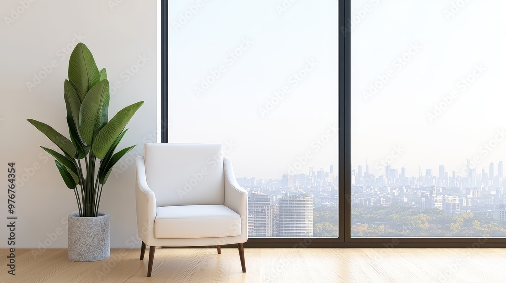 A modern interior featuring a cozy white chair next to a lush plant, with a stunning city view through large windows. A modern interior featuring a cozy white chair next to a lush plant, with a stunning city view through large windows.