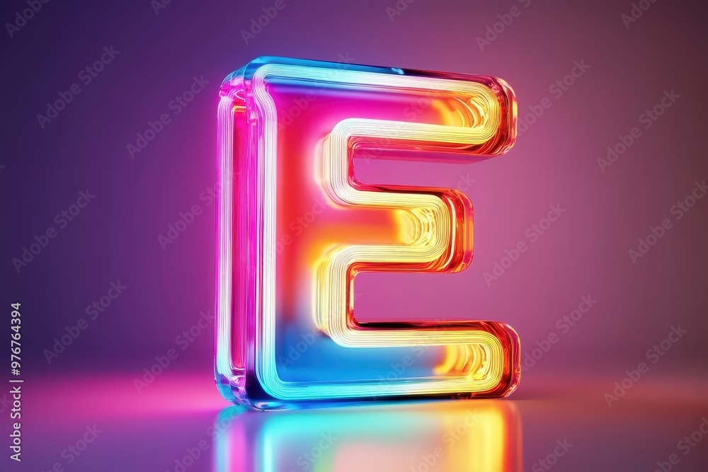 The letter E is made of neon lights and is glowing in a purple hue The letter E is made of neon lights and is glowing in a purple hue