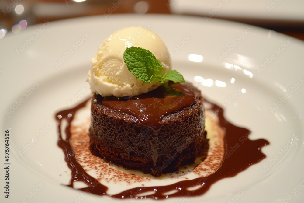 Chocolate Lava Cake with Vanilla Ice Cream and Mint Garnish Isolated on White Plate Background Chocolate Lava Cake with Vanilla Ice Cream and Mint Garnish Isolated on White Plate Background