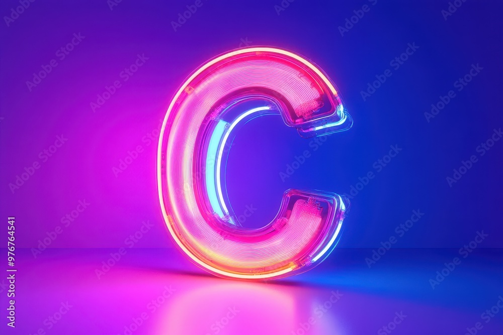 A neon C is displayed in a purple background A neon C is displayed in a purple background