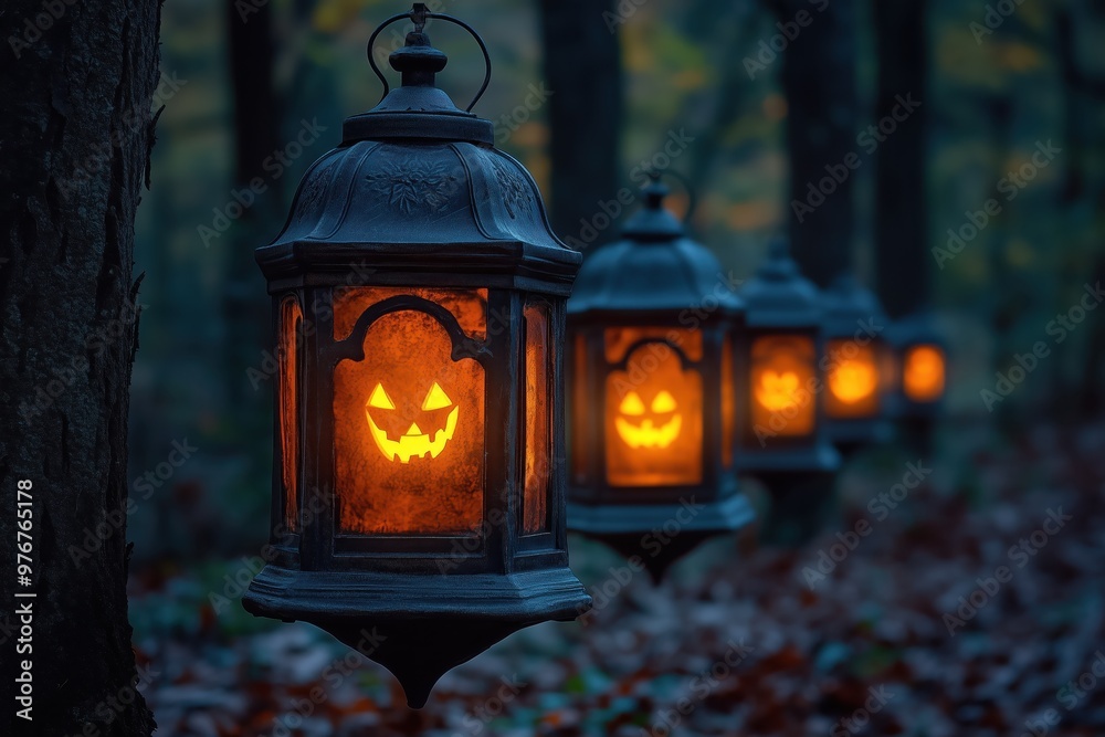 Enchanting Halloween Lanterns Lighting Up a Forest Pathway for Spooky Celebrations Enchanting Halloween Lanterns Lighting Up a Forest Pathway for Spooky Celebrations