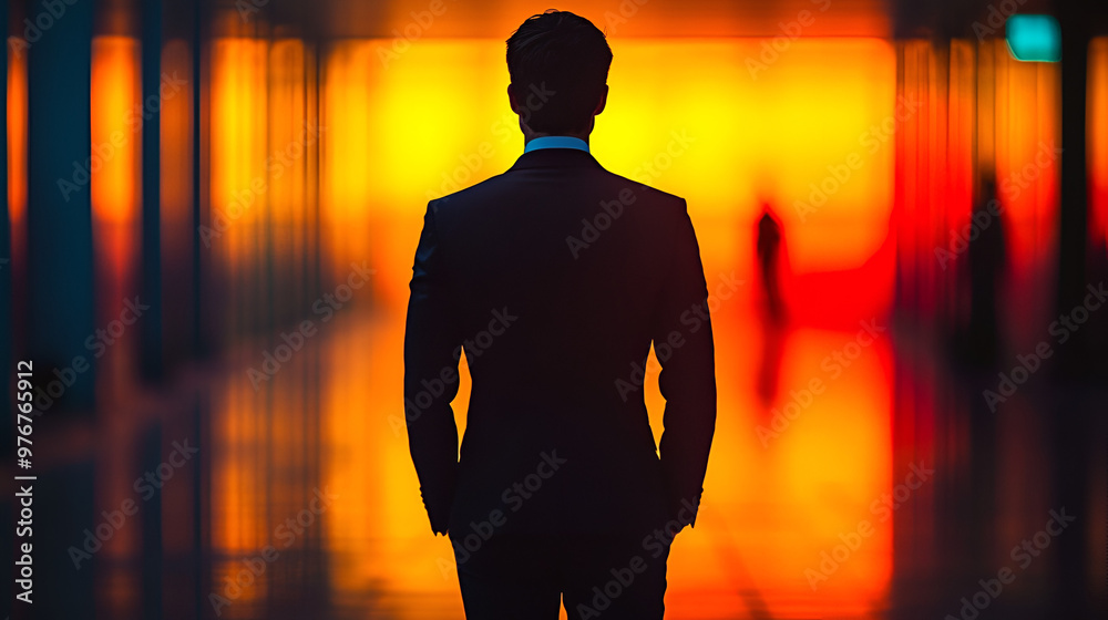 A man stands in a sleek suit, captivated by the vivid sunset colors reflecting through the airport terminal A man stands in a sleek suit, captivated by the vivid sunset colors reflecting through the airport terminal