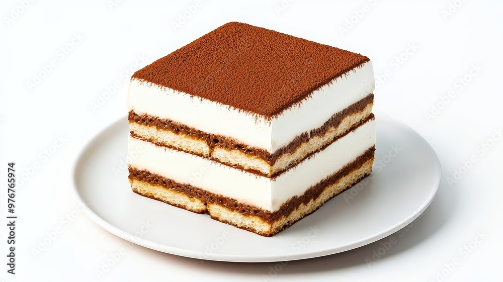 Layered tiramisu, with visible coffeesoaked layers and mascarpone, 3D illustration Layered tiramisu, with visible coffeesoaked layers and mascarpone, 3D illustration