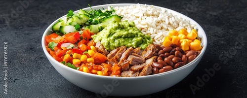 Layered burrito bowl, with rice, beans, vegetables, meat, and guacamole, 3D illustration