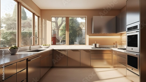 Modern kitchen interior design with abundant natural light streaming through large windows - Generative AI