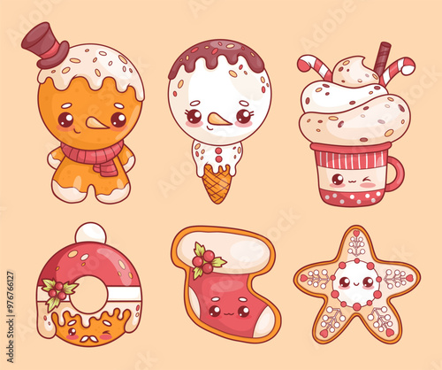 Christmas gingerbread. Cute figurines cookies and ice cream cone funny snowman, cup with cream dessert, Xmas sock, star and Santa donut with drops of glaze. Isolated vector holiday kawaii characters