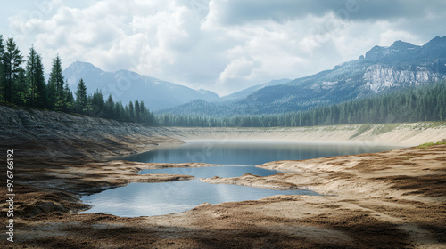 A visualization of a shrinking lake with exposed lakebeds and reduced water levels due to climate change. photo