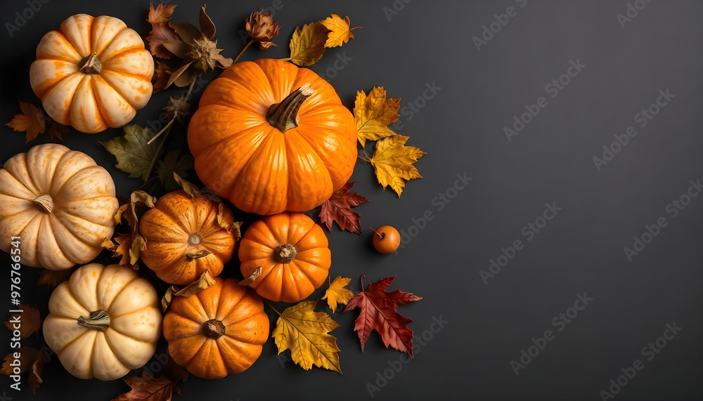 Assortment of Pumpkins and Autumn Leaves on a Gray Surface Assortment of Pumpkins and Autumn Leaves on a Gray Surface