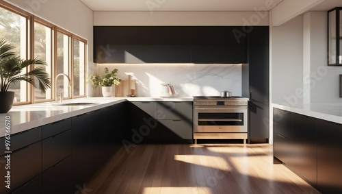 Modern kitchen interior design with abundant natural light streaming through large windows - Generative AI