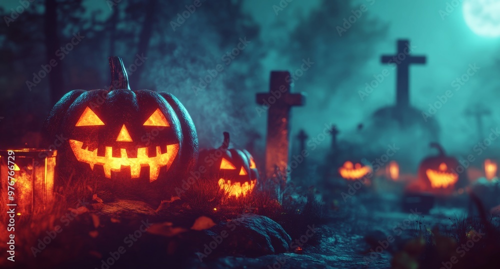 Fototapeta premium Halloween night background with scary pumpkins, glowing lanterns, and a foggy graveyard in a spooky forest