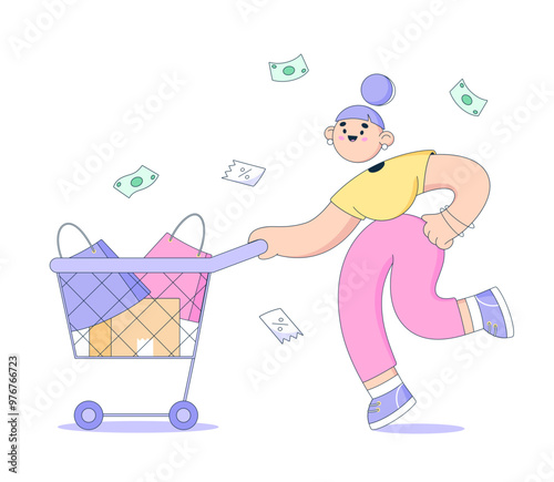 Happy woman pushing shopping cart full of purchases