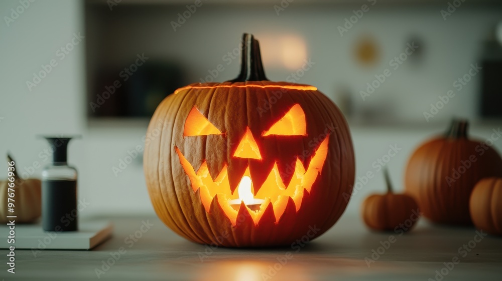 A spooky, glowing jack-o'-lantern on a table, perfect for Halloween decorations and festive atmospheres.