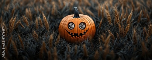 A whimsical Halloween pumpkin amidst tall grass, featuring a playful face and an inviting autumn atmosphere.