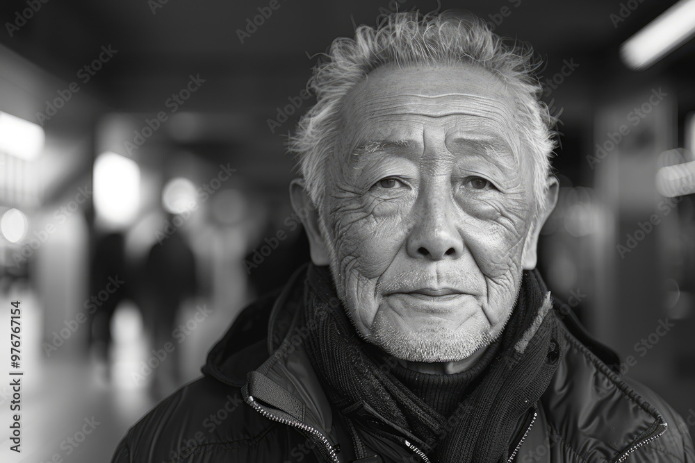 Japanese elderly facial close-up photo, black and white photo Japanese elderly facial close-up photo, black and white photo
