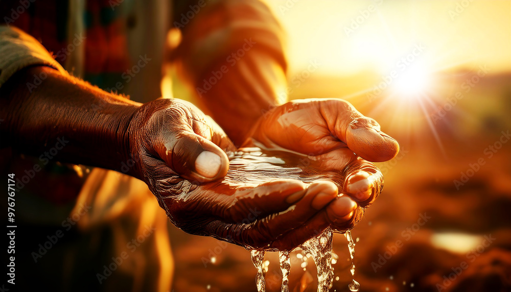 Φωτογραφία Close-up of two wrinkled hands of an Afro-American man (cupped hands full of fresh water) of a farmer holding fresh water