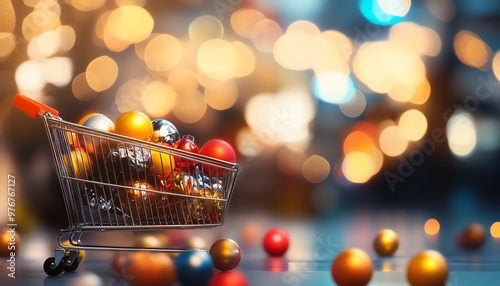 Festive shopping cart with Christmas ornaments against a background of holiday lights, capturing the essence of holiday shopping and celebration.