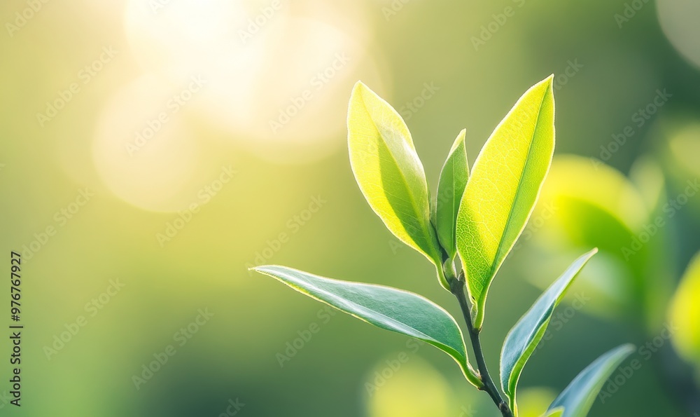 Obraz premium Fresh Green Leaves Glistening Under Soft Sunlight in Springtime Garden Setting