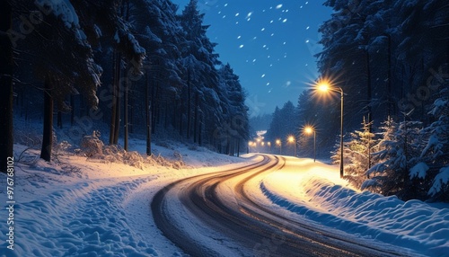 Snowy highway winds through a frozen forest beneath a starry sky and the lights of streetlights on the side of the road. photo