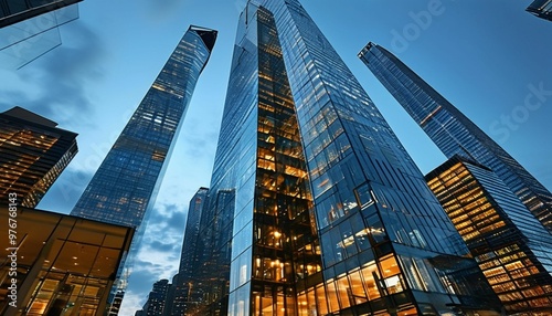 New York City skyline at sunset, with towering skyscrapers reflecting the golden light photo