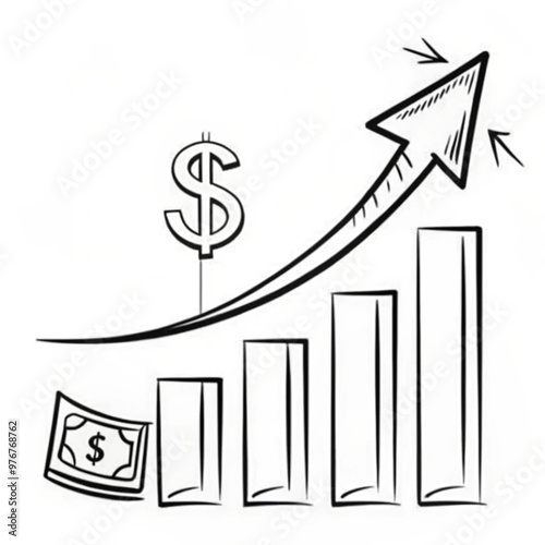 Hand-drawn financial growth concept with rising graph and money symbols