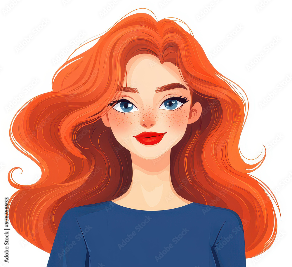 Cheerful portrait of a woman in a blue dress, smiling with bright red lips. A modern, colorful oil painting on white. Cheerful portrait of a woman in a blue dress, smiling with bright red lips. A modern, colorful oil painting on white.