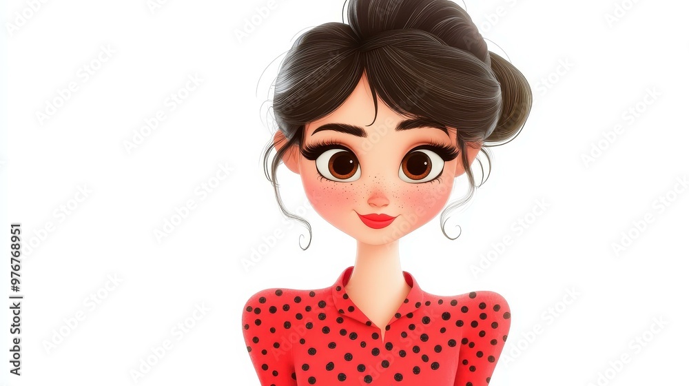 A charming animated girl in a red polka dot dress, radiating love and joy, perfect for Valentines Day decorations. A charming animated girl in a red polka dot dress, radiating love and joy, perfect for Valentines Day decorations.