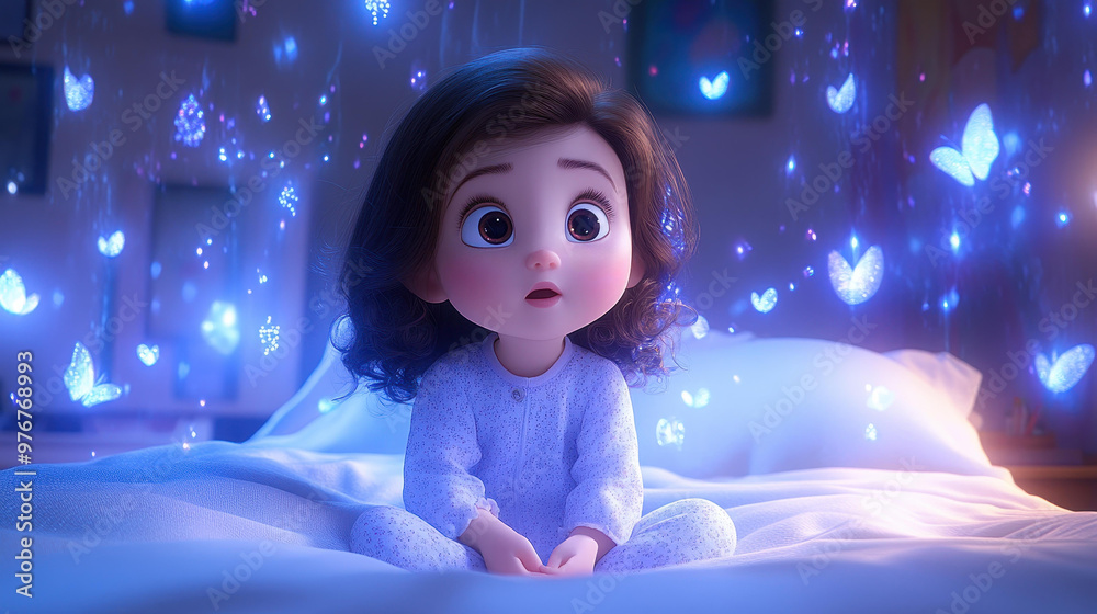 Φωτογραφία A cute yearold girl in mystical pajamas poses on her bed, showcasing her curly brunette hair in a vibrant room