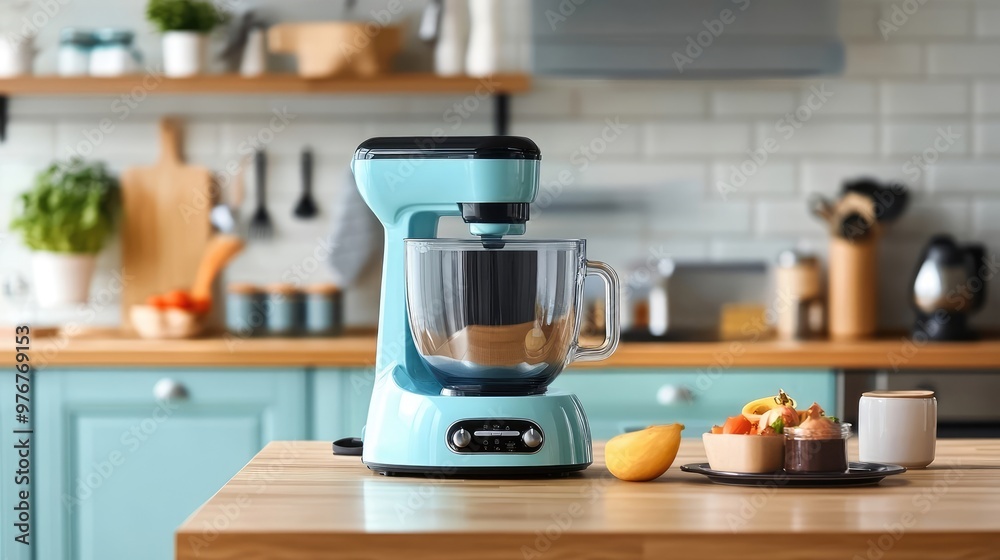Stylish Modern Kitchen with Electric Blender and Ceramic Dishware, Utensils on Wooden Table Stylish Modern Kitchen with Electric Blender and Ceramic Dishware, Utensils on Wooden Table