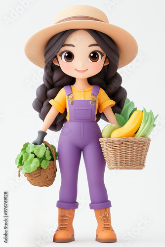 A cheerful Asian female farmer celebrates her victory in a stunning purplethemed 3D cartoon world with cinematic flair. photo