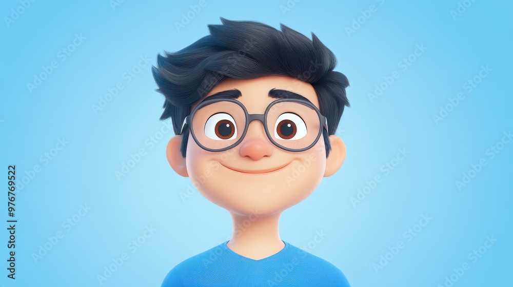 A cheerful cartoon man in a blue shirt and glasses beams with joy, showcasing a vibrant, happy demeanor in this 3D portrait. A cheerful cartoon man in a blue shirt and glasses beams with joy, showcasing a vibrant, happy demeanor in this 3D portrait.