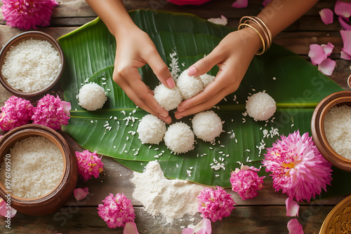 A woman prepares traditional rice balls on a banana leaf for Indian ritual ceremony. photo