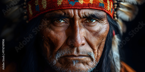 “Portrait of a Native American Man in His Late Sixties Wearing Ornate Traditional Attire” 