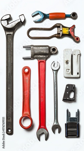 Assortment of vintage tools isolated on white background.