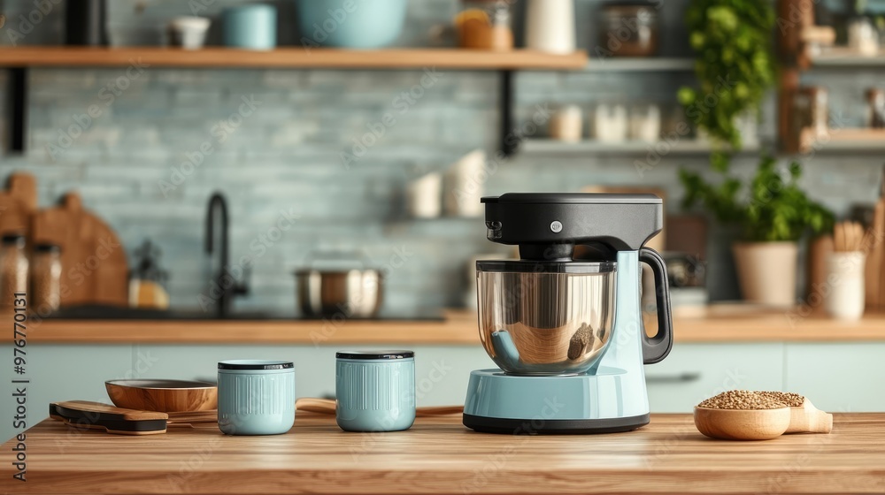 Stylish Modern Kitchen with Electric Blender and Ceramic Dishware, Utensils on Wooden Table Stylish Modern Kitchen with Electric Blender and Ceramic Dishware, Utensils on Wooden Table