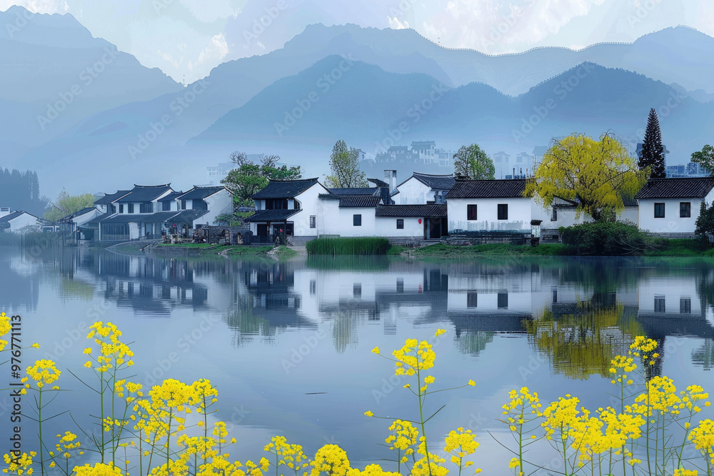 Fototapeta premium In spring, rapeseed flowers bloom, and houses by the lake