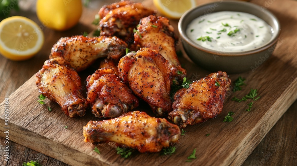 5. Crispy, mouth-watering chicken wings with a spicy lemon pepper coating, arranged around a bowl of ranch dressing, on a rustic wooden board with lemon and herb accents 5. Crispy, mouth-watering chicken wings with a spicy lemon pepper coating, arranged around a bowl of ranch dressing, on a rustic wooden board with lemon and herb accents