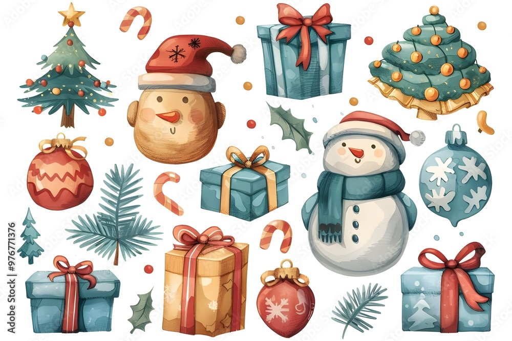 Christmas design elements, vector set Big set of Christmas design elements in doodle style generative AI