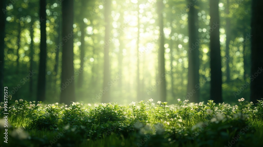 Fototapeta premium A serene forest scene with soft sunlight filtering through trees, illuminating a lush carpet of flowers and greenery.