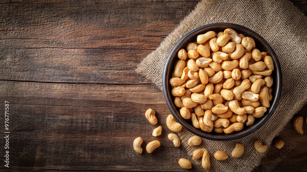 12. High-angle shot of a bowl filled with golden roasted peanuts, with some peanuts spilling out onto a rustic wooden surface 12. High-angle shot of a bowl filled with golden roasted peanuts, with some peanuts spilling out onto a rustic wooden surface